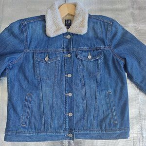 GAP Women Sherpa Lined Blue Denim Jacket Button Size XL